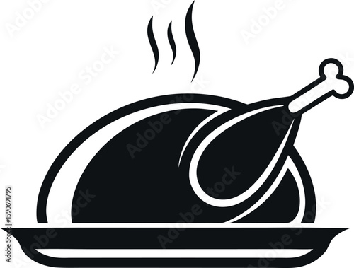 A steaming roasted chicken on a platter presented in a clean silhouette style