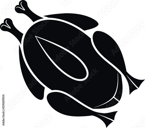 Stylized black silhouette of a whole roasted chicken with white outlines