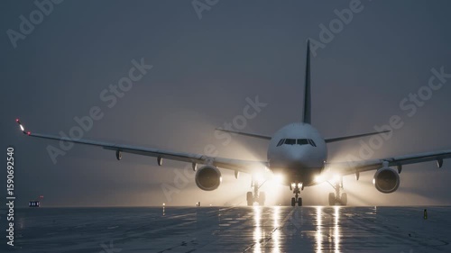 Large Airplane Moving Through Dense Fog on Wet Tarmac with Headlights On