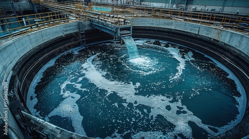 In wastewater treatment plant, large circular clarification tank displays mechanical rotating arm efficiently separating clean water from sludge Bright lighting enhances industrial setting