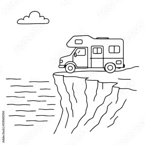 Minimalist Line Art Campervan on Cliff – Black and White Outdoor Adventure Travel Vector Illustration

