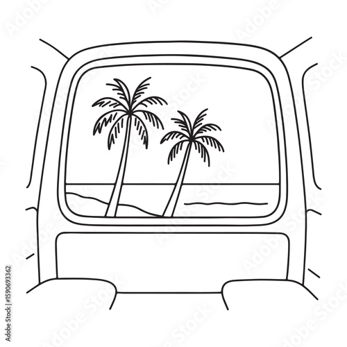 Tropical Beach View from Campervan Window – Minimalist Line Art Illustration

