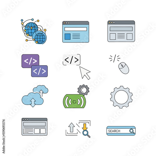 Collection of simple, outlined icons representing web development, coding, and online processes.
