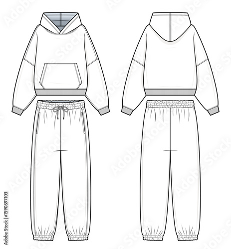 Hoodie and Jogger Pants Set Technical Fashion Flat. Casual Relaxed-Fit Loungewear Vector Template. Front and Back Views. Long Sleeves. Kangaroo Pocket. Ribbed Hem. White Color. CAD Mockup Set.