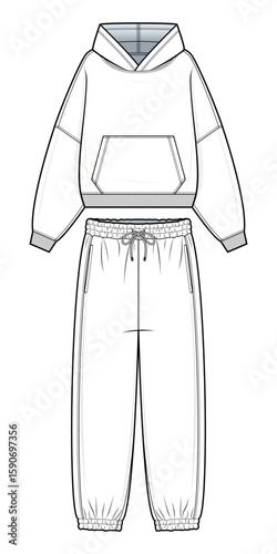 Hoodie and Jogger Pants Technical Fashion Flat. Casual Matching Loungewear Vector Template. Front View. Kangaroo Pocket. Long Sleeves. Relaxed Fit. Drawstring Waist. White Color. CAD Mockup.