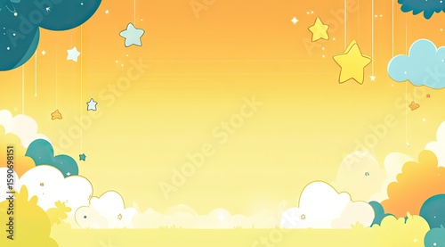 Cute, sunny, cartoon sky with clouds and stars