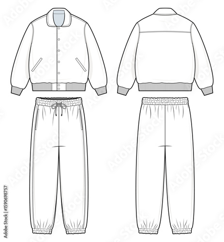 Matching Bomber Jacket and Jogger Pants Technical Fashion Flats. Men’s Casualwear Set Vector Template. Front and Back designs. Relaxed Fit. Ribbed Hems and Cuffs. White Color. CAD Mockup Set.