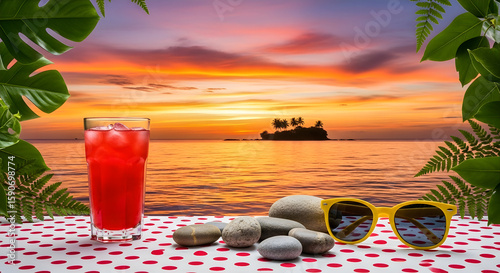 Tropical Island Sunset with Cold Drink