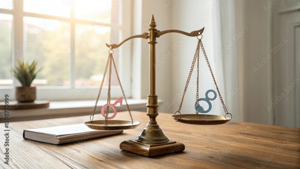 Gender equality concept with scales balancing male and female symbols for social justice issues now Gender equality concept with scales balancing male and female symbols for social justice issues now