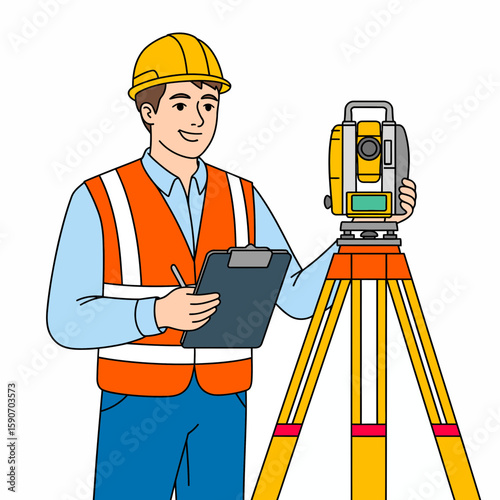 Cartoon illustration of a surveyor in safety gear using a theodolite and holding a clipboard.