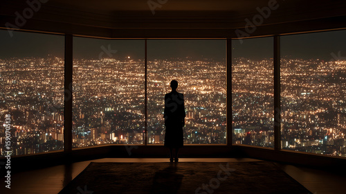 The top floor of a skyscraper, looking out at the city lights.	A person stands alone in a dark, empty room on a high floor of a skyscraper, looking out a massive window at the millions of city lights 