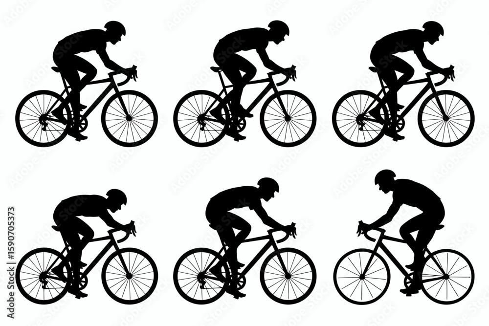 Naklejka premium Six cyclist silhouettes riding road bikes in a side profile view, arranged in a two-row grid pattern against a white background.