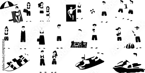 Peoples on summer beach vacation. Flat style vector characters of tourists on shore, man and woman sunbathing, playing volleyball and having picnic on beach, swimming, diving and ridding jet ski 