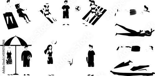 Peoples on summer beach vacation. Flat style vector characters of tourists on shore, man and woman sunbathing, playing volleyball and having picnic on beach, swimming, diving and ridding jet ski 