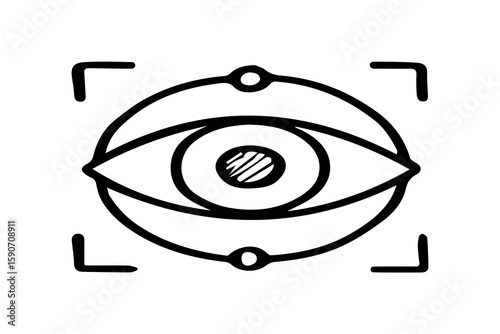 This black-and-white icon features a stylized eye enclosed within a circular network, with four corner markers surrounding it — evoking the look of a camera or scanning interface.