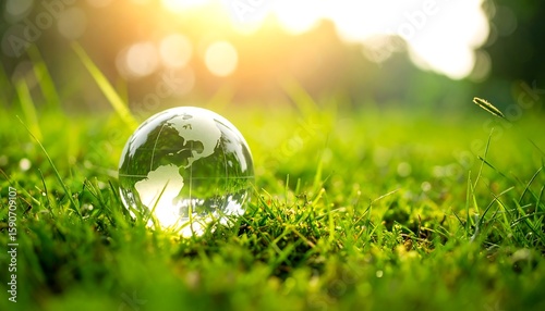 Glass globe of Earth on vibrant green grass, bathed in sunlight
