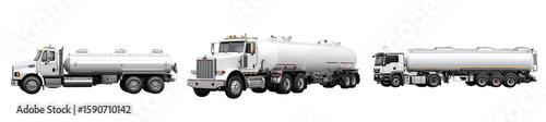 Set of a white industrial truck with a large tank for oil or fuel, isolated on a transparent background.