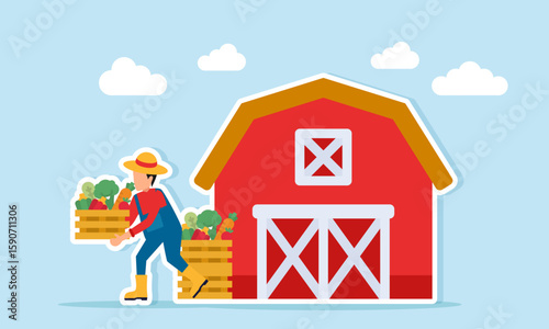 Farmer carrying a vegetable basket near a pile of vegetable baskets and a barn or rice barn, illustration of managing agriculture efficiently