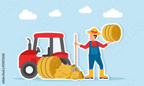Farmer carrying a hay roll and pitchfork near haystack and tractor, illustration of food self-sufficiency or food security