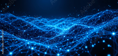 Digital Waves of a Neural Network – Abstract Blue Flowing Connections Representing Data Transmission and AI