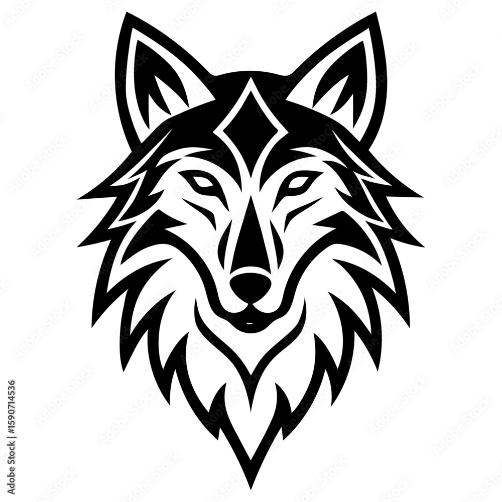 Fototapeta premium Tribal Wolf Head Black and White Line Art Illustration