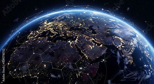 Connected World A Network of Global Communication and Technology with Bright City Lights Visible from Space