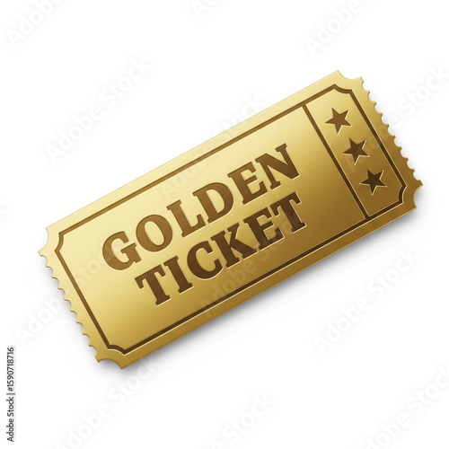 A golden ticket isolated on white background represents opportunity