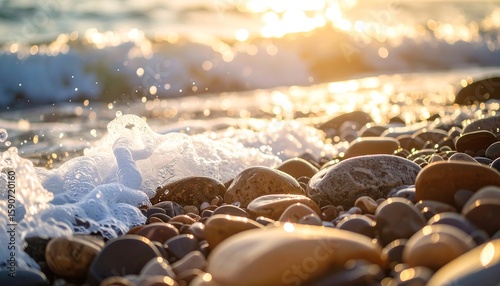 Golden waves lapping at a pebble beach