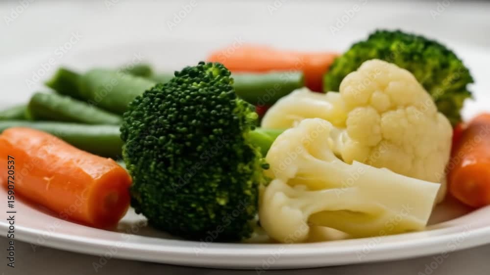 Plate of vegetables including green beans carrots broccoli and cauliflower Plate of vegetables including green beans carrots broccoli and cauliflower