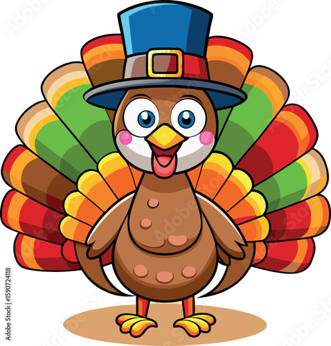 Cute cartoon turkey wearing a pilgrim hat and fanned tail feathers