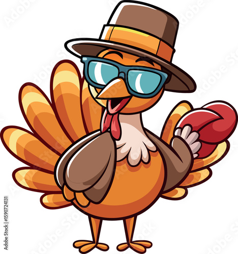Cool cartoon turkey wearing sunglasses and a hat holding a drumstick