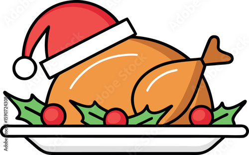 Festive roasted turkey with santa hat and holly berries on a platter