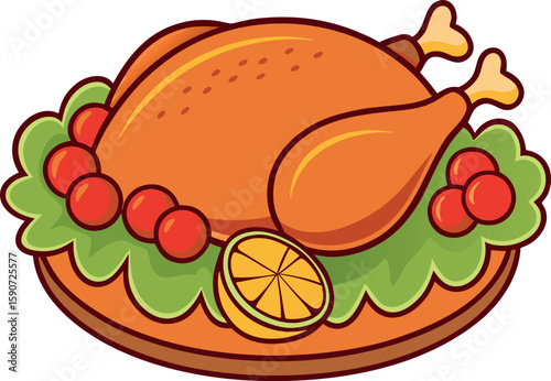 Cartoon illustration of a roasted chicken on a platter with cherry tomatoes and lemon