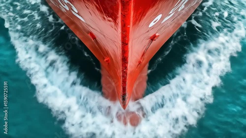 Red ship cutting through teal water