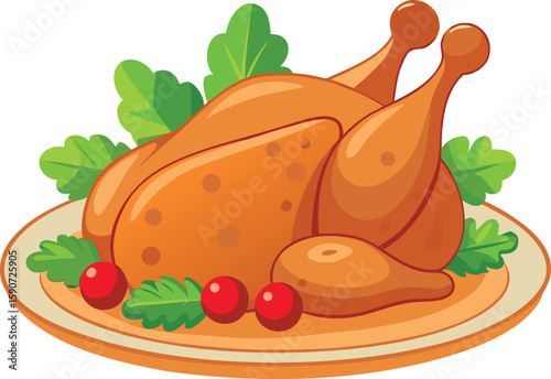 Cartoon roasted chicken with green leaves and red berries on a plate