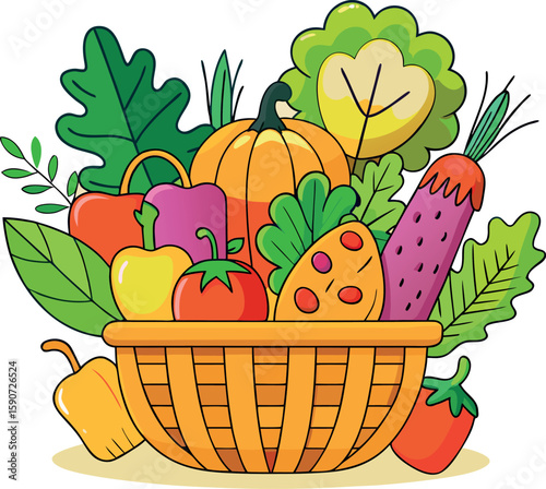 Colorful cartoon basket overflowing with fresh vegetables and fruits on white background