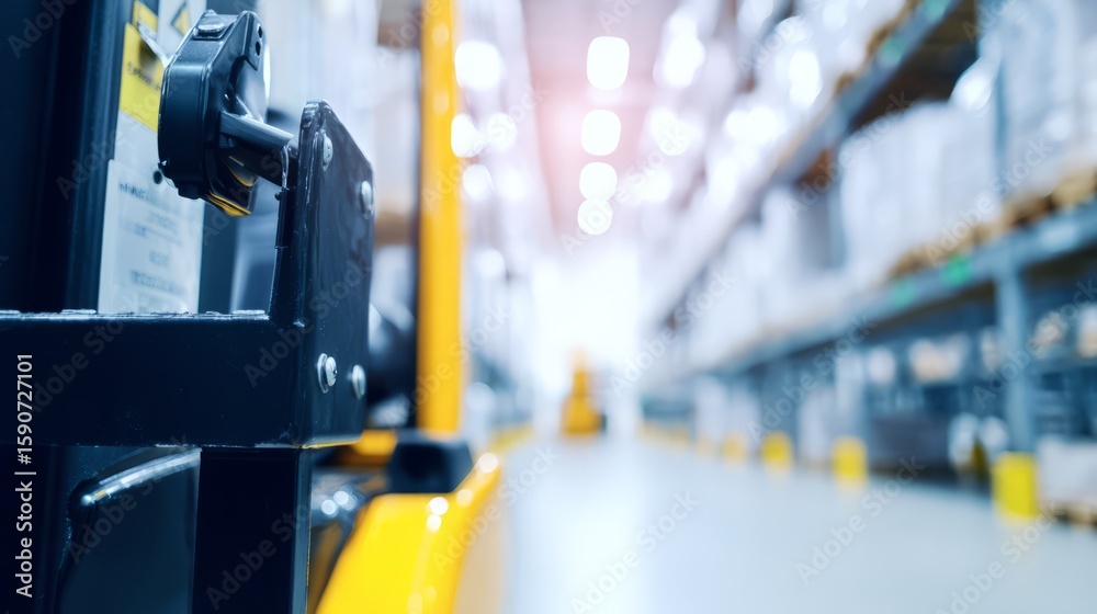 Fototapeta premium A detailed industrial forklift in a spacious warehouse, emphasizing machinery and blurred surroundings.