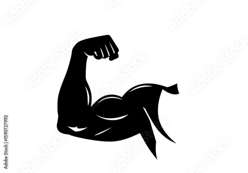 Black silhouette of a muscular arm flexing, showing strength and power, isolated on a white background.