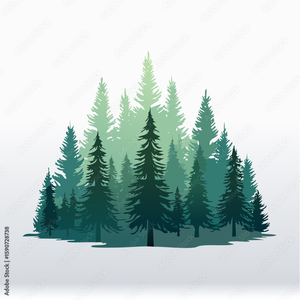 Fototapeta premium Silhouette illustration of a dense cluster of evergreen trees, varying in shades of green, against a white background.