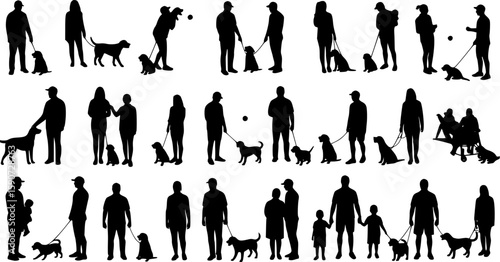 Group people all ages activities with dogs vector silhouette set collection.
