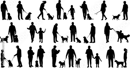 Group people all ages activities with dogs vector silhouette set collection.

