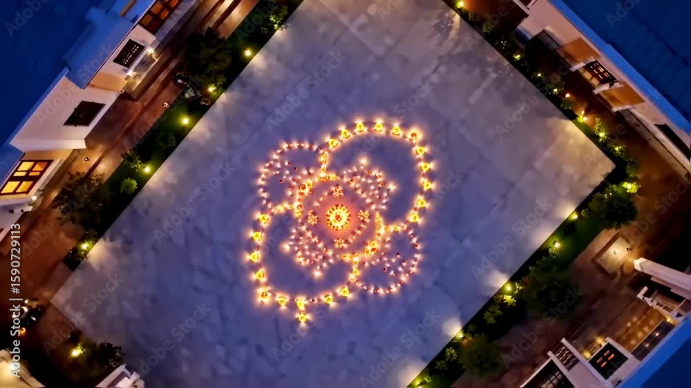Aerial view of candle art installation at night with courtyard. Aerial view of candle art installation at night with courtyard.