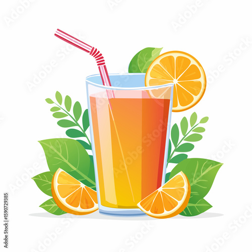 Refreshing orange juice in a glass, garnished with orange slices and leaves.