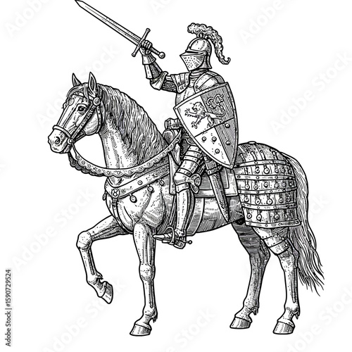 An armored knight on horseback raises a sword in a vintage illustration, showcasing medieval weaponry and heraldry.