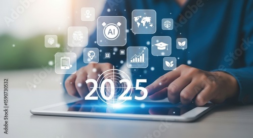 Business Strategy and Technology Trends for 2025 Person Using a Tablet with Digital Icons
