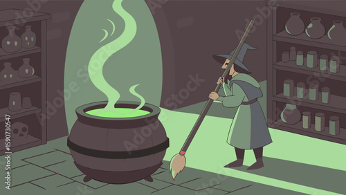 Witch brewing potion in cauldron halloween spooky scene vector illustration halloween witch potion making