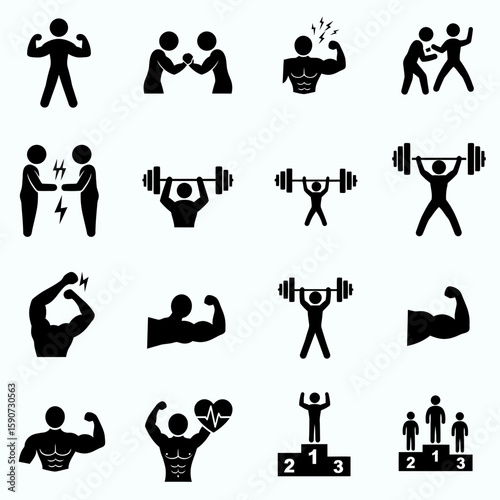 A collection of black silhouette icons depicting various fitness activities, including weightlifting, arm wrestling, boxing, and muscular figures on a white background.