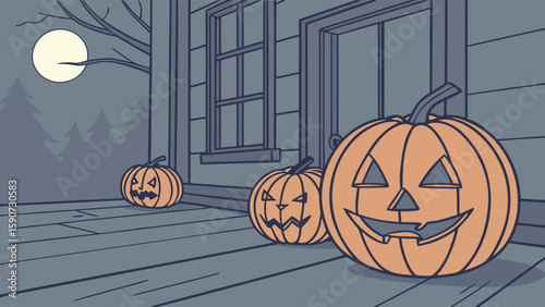 Halloween pumpkins on porch at night vector illustration spooky season halloween decoration halloween scene