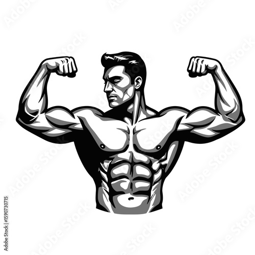 Muscular man flexing his biceps and showing off his abdominal muscles in a black and white illustration.