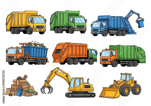 Collection of colorful cartoon garbage trucks, dump trucks, and construction vehicles including an excavator and bulldozer.
